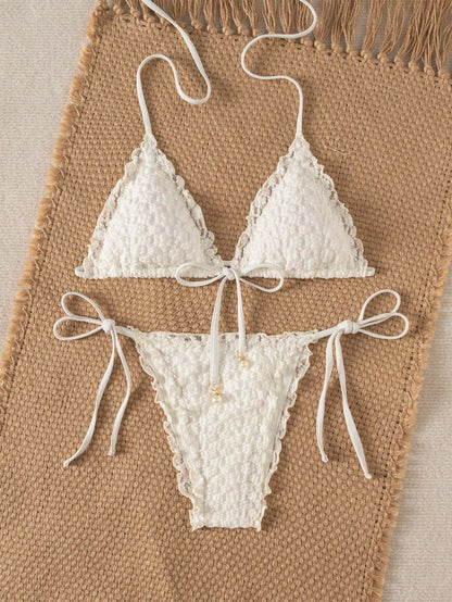 Swim Mod Women's Summer New Beach Swim Fashion Holiday Sweet Cute Lace Floral Textured Fabric Cute Ruffle Sexy Backless Triangle Tie Bikini Swimsuit 2pcs Set Suitable For Beach Swimming And Beach Vaca