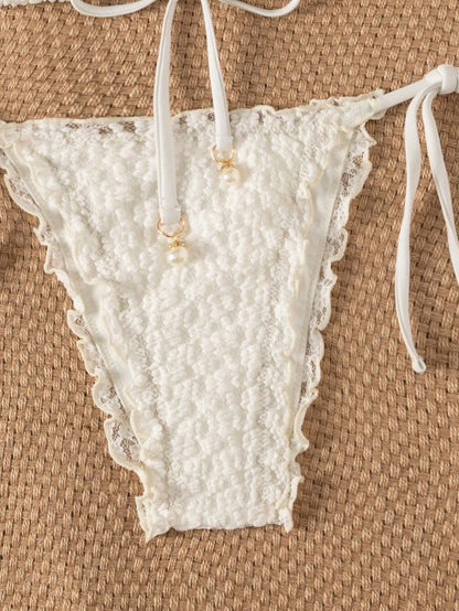 Swim Mod Women's Summer New Beach Swim Fashion Holiday Sweet Cute Lace Floral Textured Fabric Cute Ruffle Sexy Backless Triangle Tie Bikini Swimsuit 2pcs Set Suitable For Beach Swimming And Beach Vaca