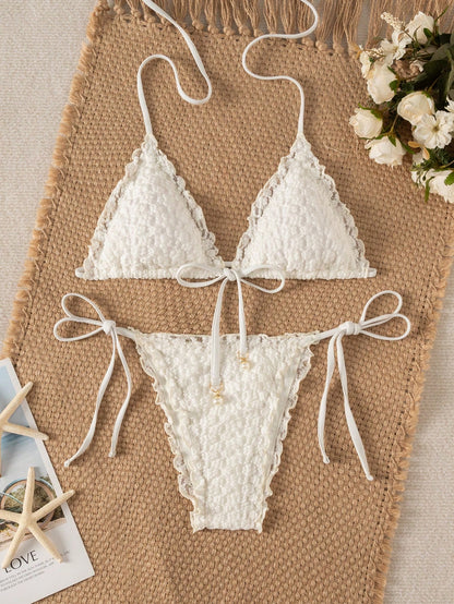 Swim Mod Women's Summer New Beach Swim Fashion Holiday Sweet Cute Lace Floral Textured Fabric Cute Ruffle Sexy Backless Triangle Tie Bikini Swimsuit 2pcs Set Suitable For Beach Swimming And Beach Vaca