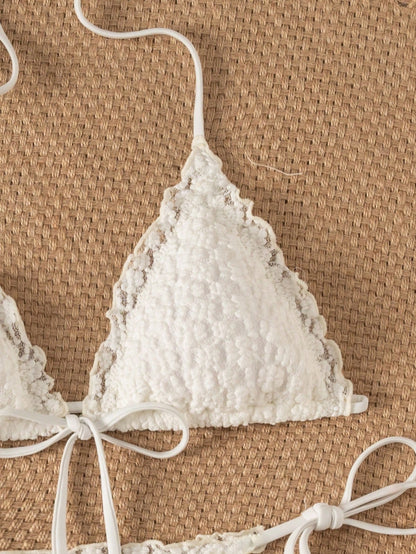 Swim Mod Women's Summer New Beach Swim Fashion Holiday Sweet Cute Lace Floral Textured Fabric Cute Ruffle Sexy Backless Triangle Tie Bikini Swimsuit 2pcs Set Suitable For Beach Swimming And Beach Vaca