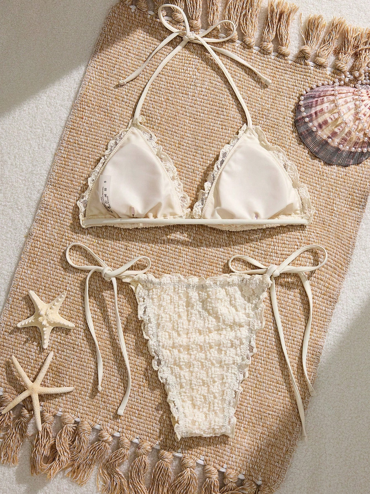Swim Mod Women's Summer New Beach Swim Fashion Holiday Sweet Cute Lace Floral Textured Fabric Cute Ruffle Sexy Backless Triangle Tie Bikini Swimsuit 2pcs Set Suitable For Beach Swimming And Beach Vaca
