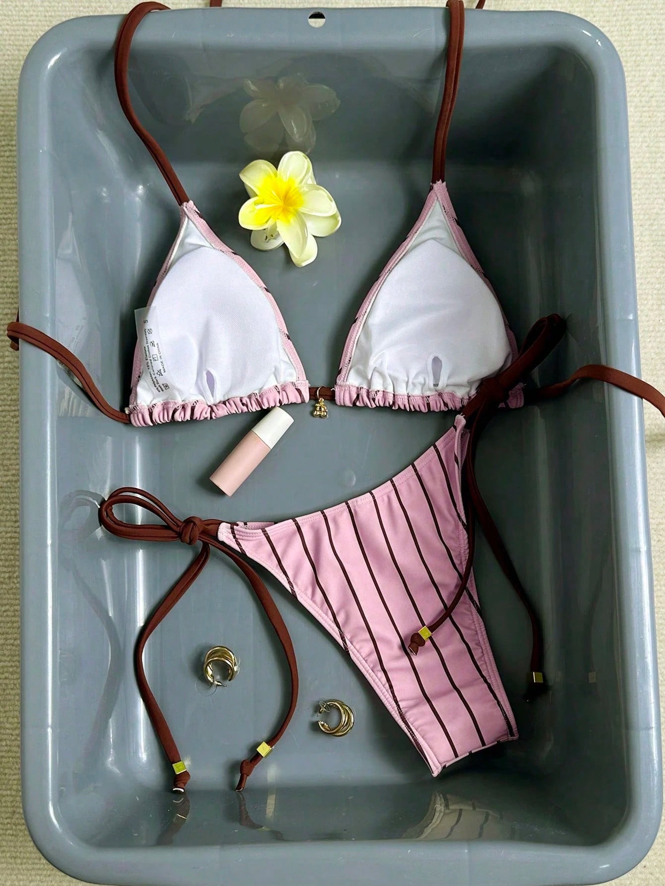 Swim Mod Women's Sweet Geometric Striped Contrast Color Vacation Swimwear Set