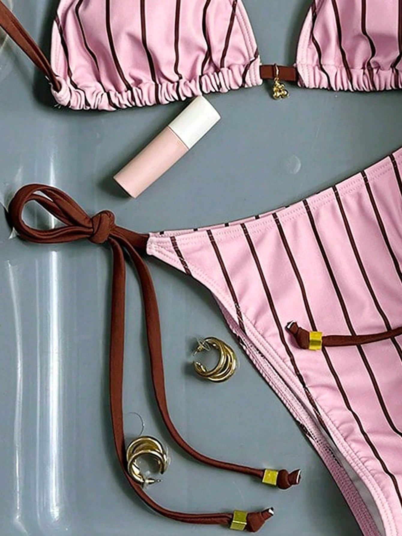 Swim Mod Women's Sweet Geometric Striped Contrast Color Vacation Swimwear Set
