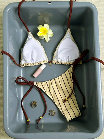 Swim Mod Women's Sweet Geometric Striped Contrast Color Vacation Swimwear Set