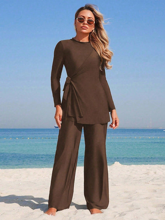 Swim Mulvari 2 Piece Set Women Coffee Brown Modest Burkini Outfit,Side Drawstring Long Sleeve Round Neck Top & Fitted Pants,Summer Beach Holiday Holiday Resort