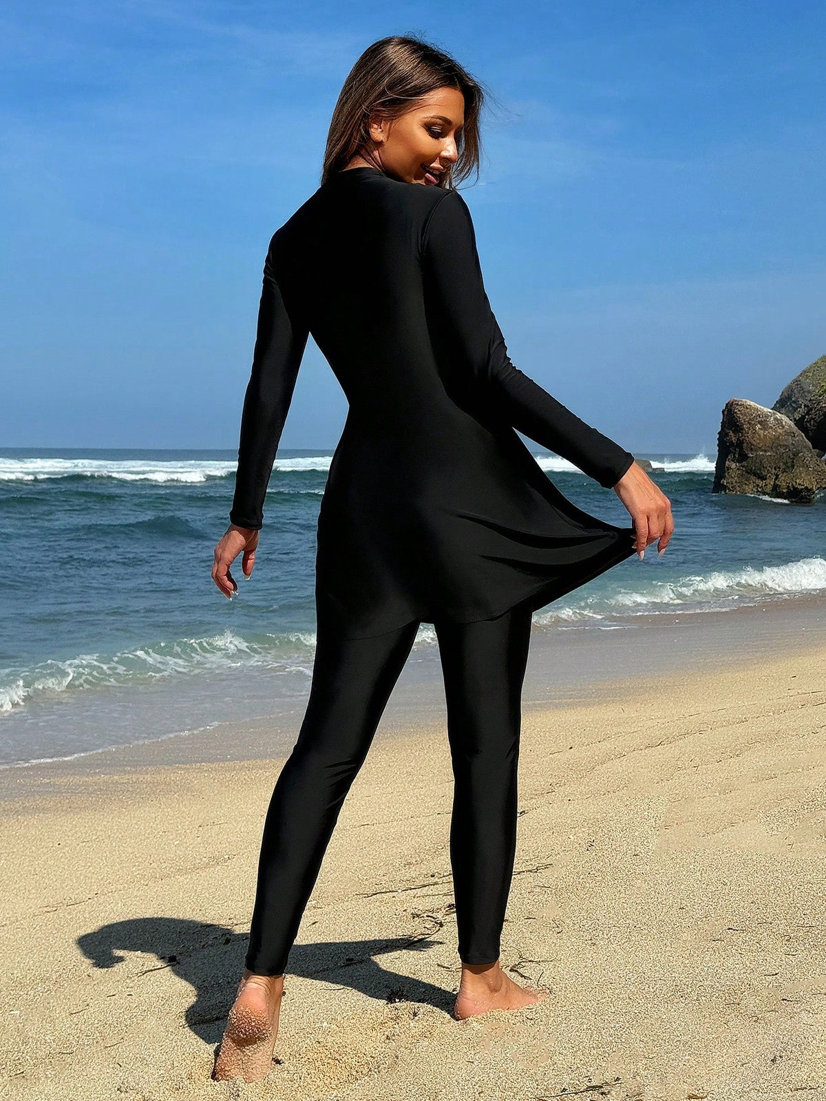 Swim Mulvari 2pcs Set Women High Neck Drawstring Long Sleeve Top And Pants Beach Resort Burkini Outfit SummerArabic Clothing