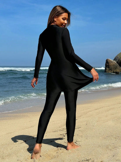 Swim Mulvari 2pcs Set Women High Neck Drawstring Long Sleeve Top And Pants Beach Resort Burkini Outfit SummerArabic Clothing