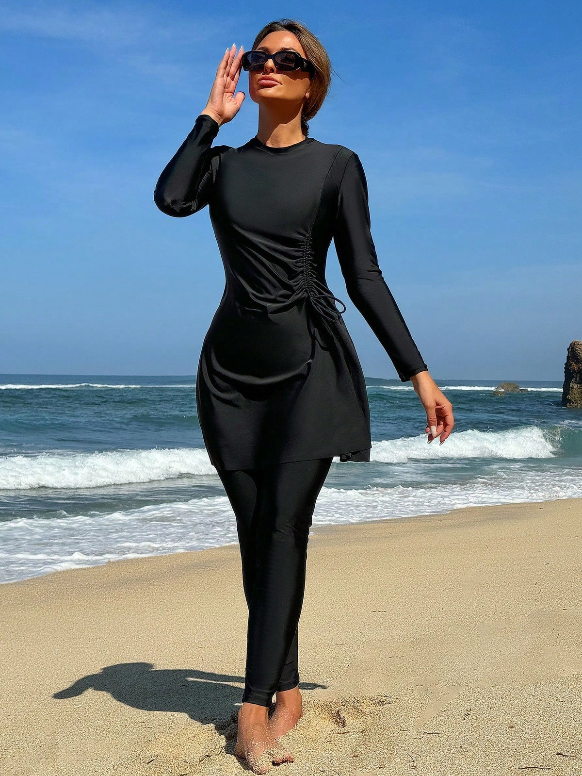 Swim Mulvari 2pcs Set Women High Neck Drawstring Long Sleeve Top And Pants Beach Resort Burkini Outfit SummerArabic Clothing