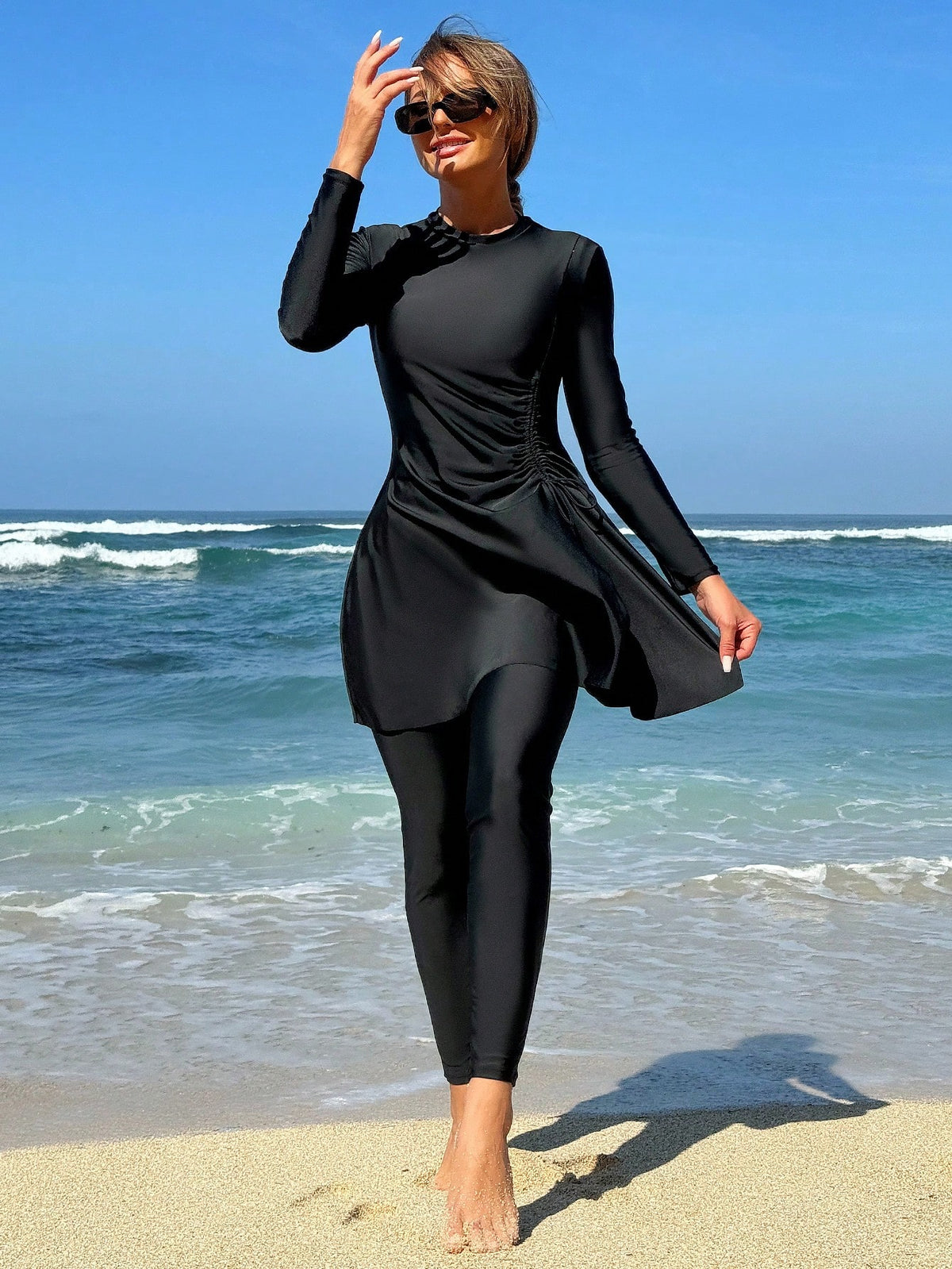 Swim Mulvari 2pcs Set Women High Neck Drawstring Long Sleeve Top And Pants Beach Resort Burkini Outfit SummerArabic Clothing