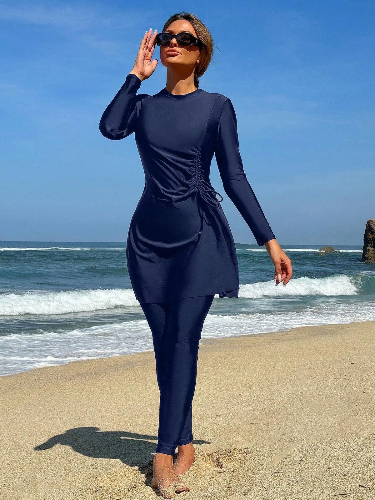 Swim Mulvari 2pcs Set Women High Neck Drawstring Long Sleeve Top And Pants Beach Resort Burkini Outfit SummerArabic Clothing