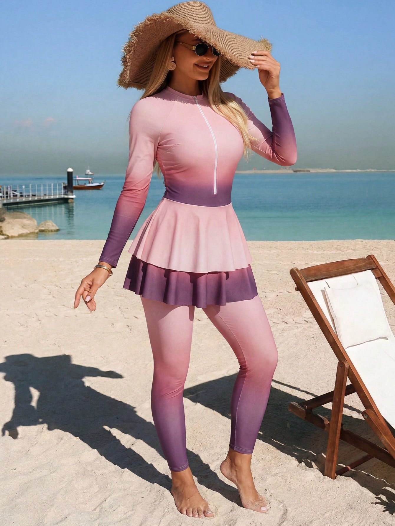 Swim Mulvari 2pcs Women's Swimwear,Pink,Summer,Modest,Beach,Holiday,Holiday Purple & Pink Ombre Full Coverage Zipper Long Sleeve Jumpsuit With Pants Pool Party