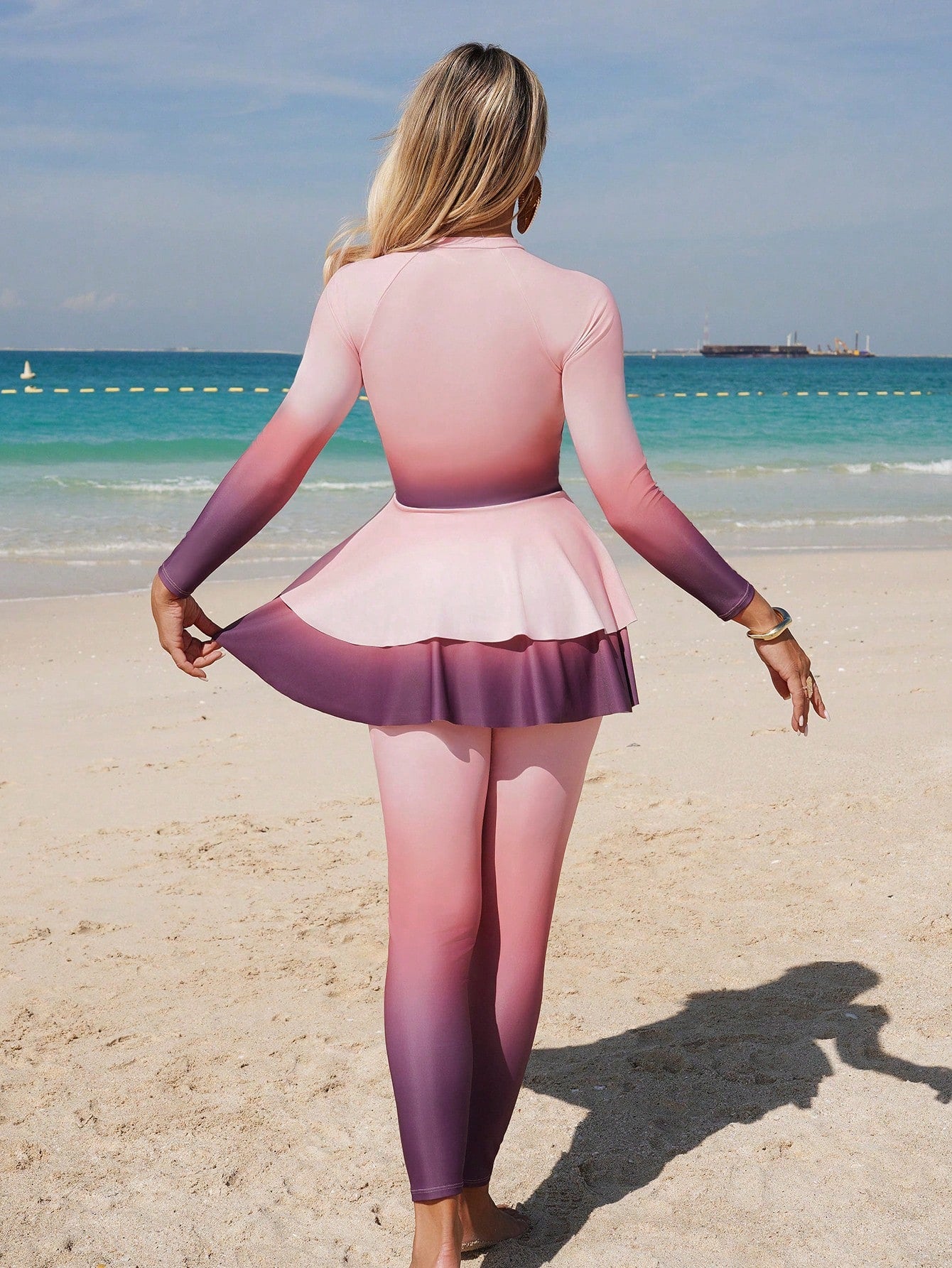 Swim Mulvari 2pcs Women's Swimwear,Pink,Summer,Modest,Beach,Holiday,Holiday Purple & Pink Ombre Full Coverage Zipper Long Sleeve Jumpsuit With Pants Pool Party