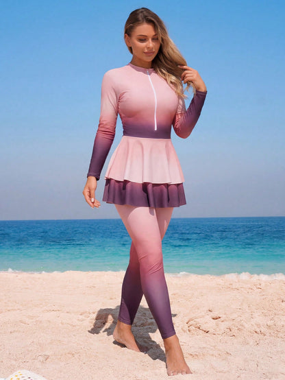 Swim Mulvari 2pcs Women's Swimwear,Pink,Summer,Modest,Beach,Holiday,Holiday Purple & Pink Ombre Full Coverage Zipper Long Sleeve Jumpsuit With Pants Pool Party