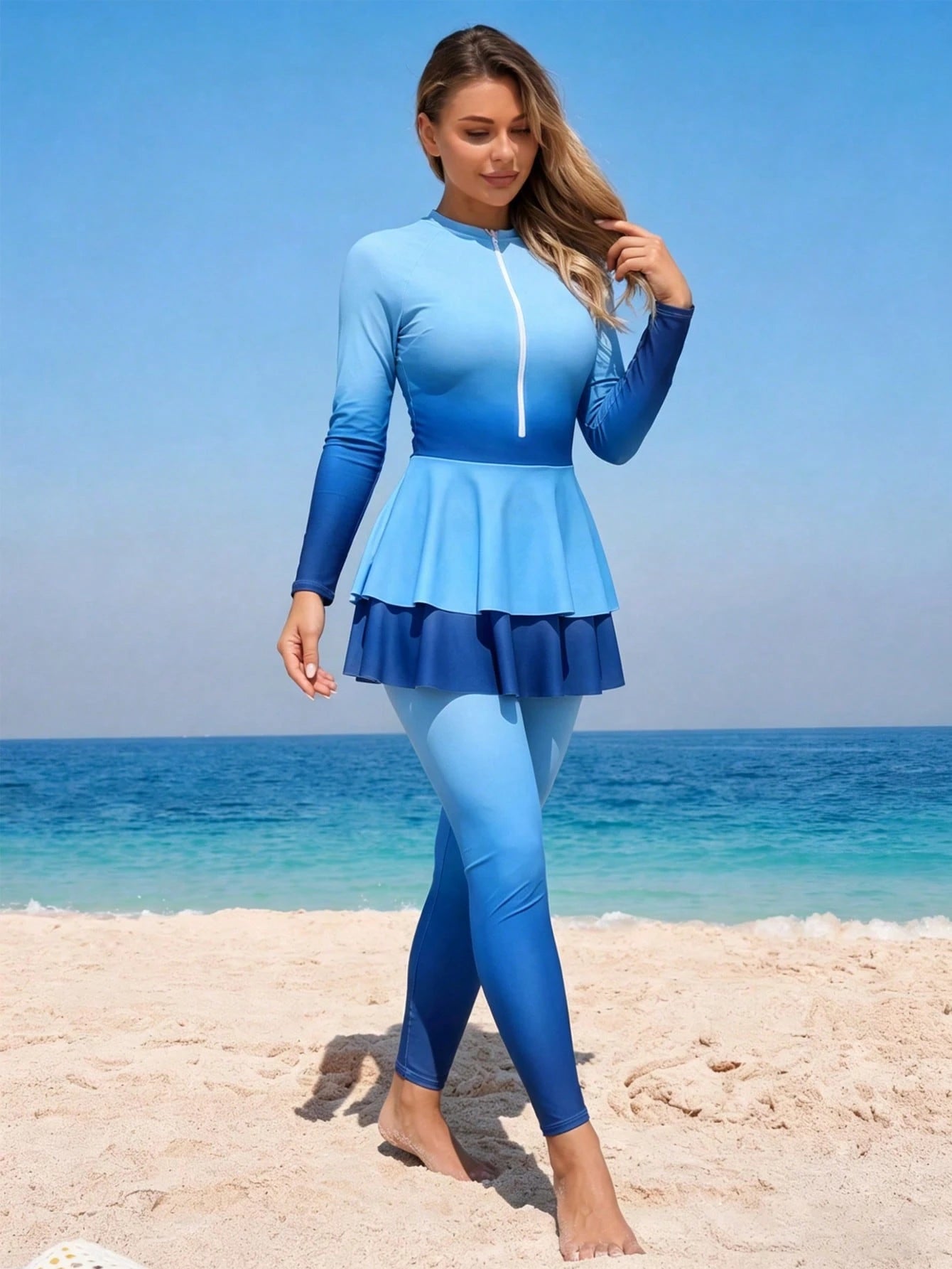 Swim Mulvari 2pcs Women's Swimwear,Pink,Summer,Modest,Beach,Holiday,Holiday Purple & Pink Ombre Full Coverage Zipper Long Sleeve Jumpsuit With Pants Pool Party