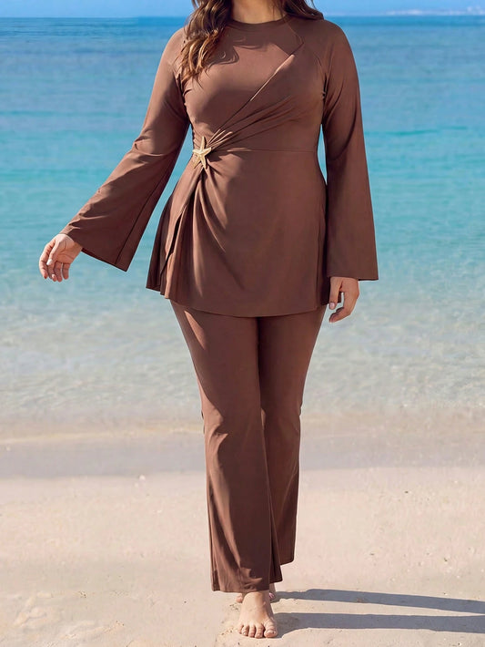 Swim Mulvari Plus Size 2pcs Set Solid Color Knit Fabric Long Sleeve Top With Star Metal Decoration On Waist Side, Long Flare Pants, Flattering And Slimming Middle Eastern Burkini