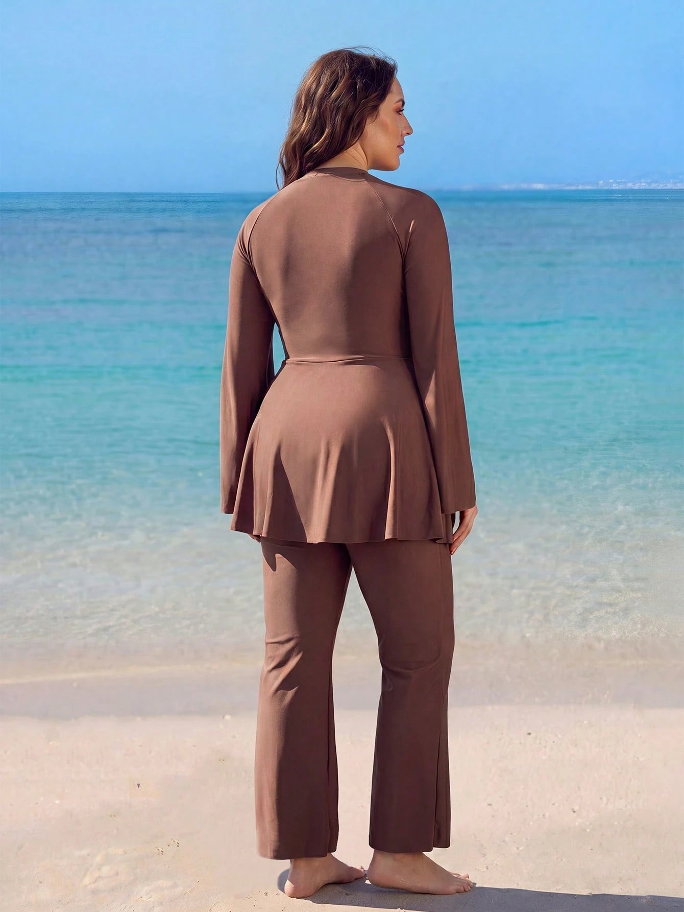 Swim Mulvari Plus Size 2pcs Set Solid Color Knit Fabric Long Sleeve Top With Star Metal Decoration On Waist Side, Long Flare Pants, Flattering And Slimming Middle Eastern Burkini