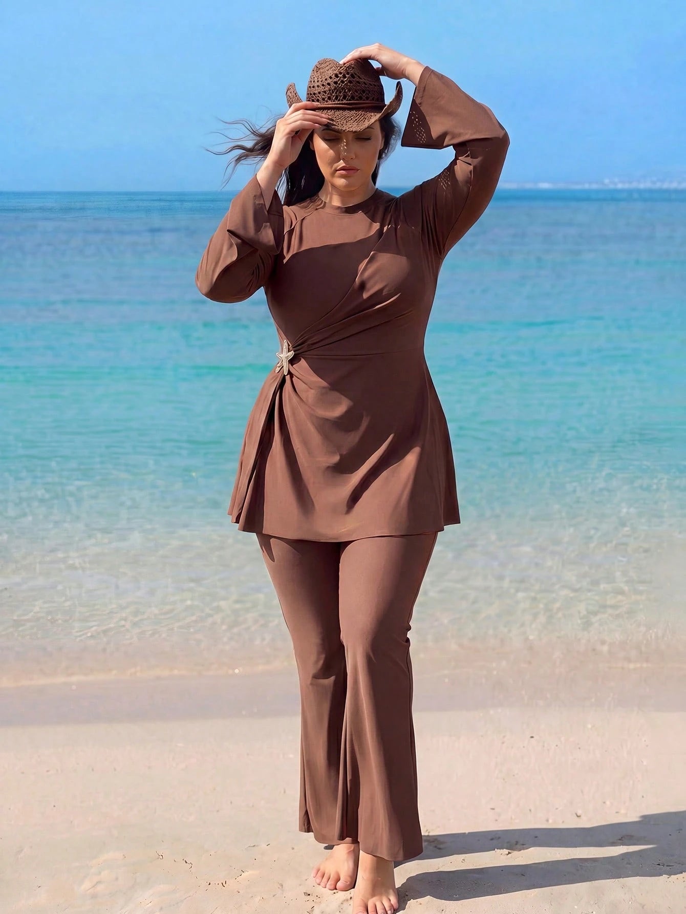 Swim Mulvari Plus Size 2pcs Set Solid Color Knit Fabric Long Sleeve Top With Star Metal Decoration On Waist Side, Long Flare Pants, Flattering And Slimming Middle Eastern Burkini