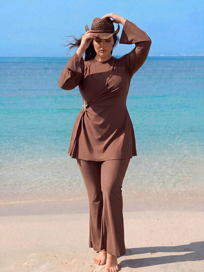 Swim Mulvari Plus Size 2pcs Set Solid Color Knit Fabric Long Sleeve Top With Star Metal Decoration On Waist Side, Long Flare Pants, Flattering And Slimming Middle Eastern Burkini
