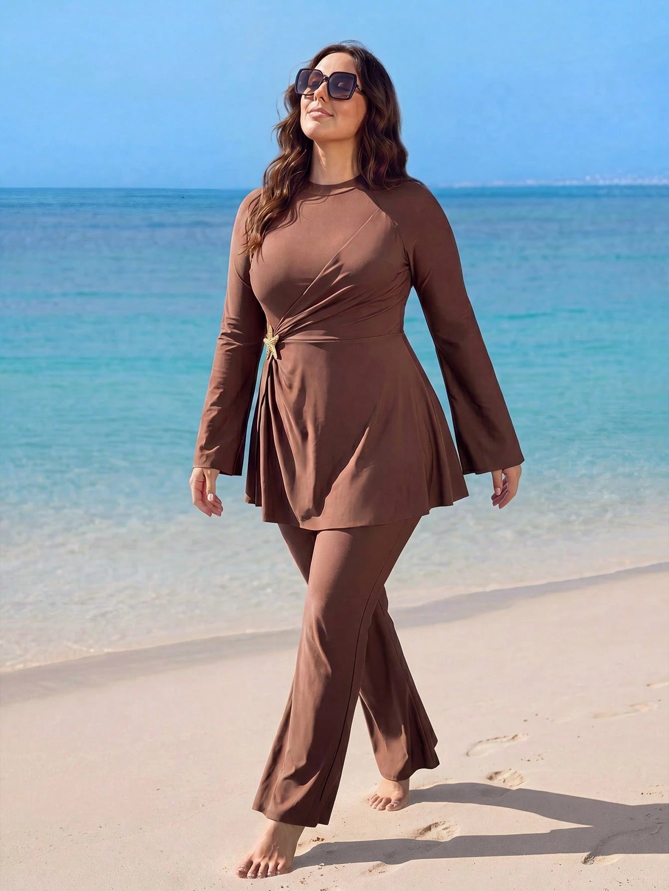 Swim Mulvari Plus Size 2pcs Set Solid Color Knit Fabric Long Sleeve Top With Star Metal Decoration On Waist Side, Long Flare Pants, Flattering And Slimming Middle Eastern Burkini