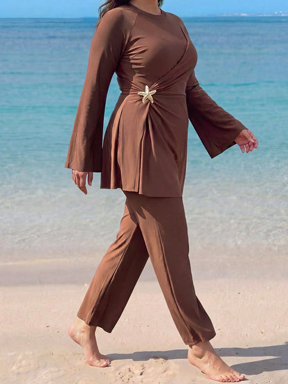 Swim Mulvari Plus Size 2pcs Set Solid Color Knit Fabric Long Sleeve Top With Star Metal Decoration On Waist Side, Long Flare Pants, Flattering And Slimming Middle Eastern Burkini