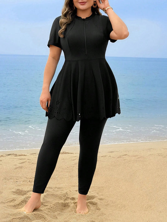 Swim Mulvari Plus Size Women 2-Piece Solid Color Short Sleeve Zipper Hollow Out Floral Print Dress Style Swimwear