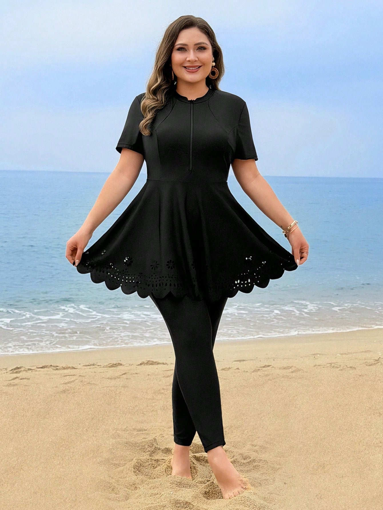 Swim Mulvari Plus Size Women 2-Piece Solid Color Short Sleeve Zipper Hollow Out Floral Print Dress Style Swimwear