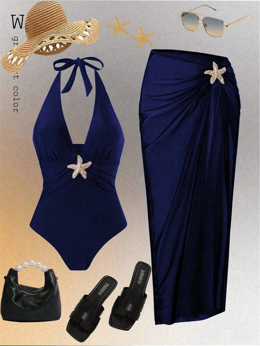 Swim Oasis 1pc Plus Size Solid Color Metal Decor One-Piece Swimsuit With Cover-Up, Simple & Casual For Women, Suitable For Beach Vacation In Summer