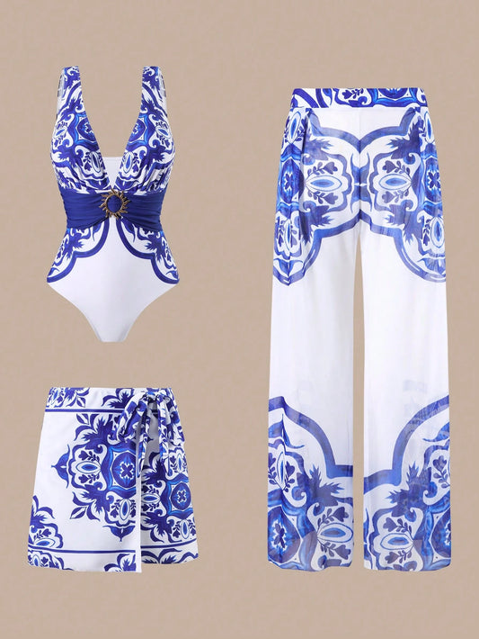 Swim Oasis 2025 New Women 3pcs/Set Printed Swimsuit With Skirt & Mesh Pants, Casual Beach Holiday One Piece Swimsuit Set For Summer