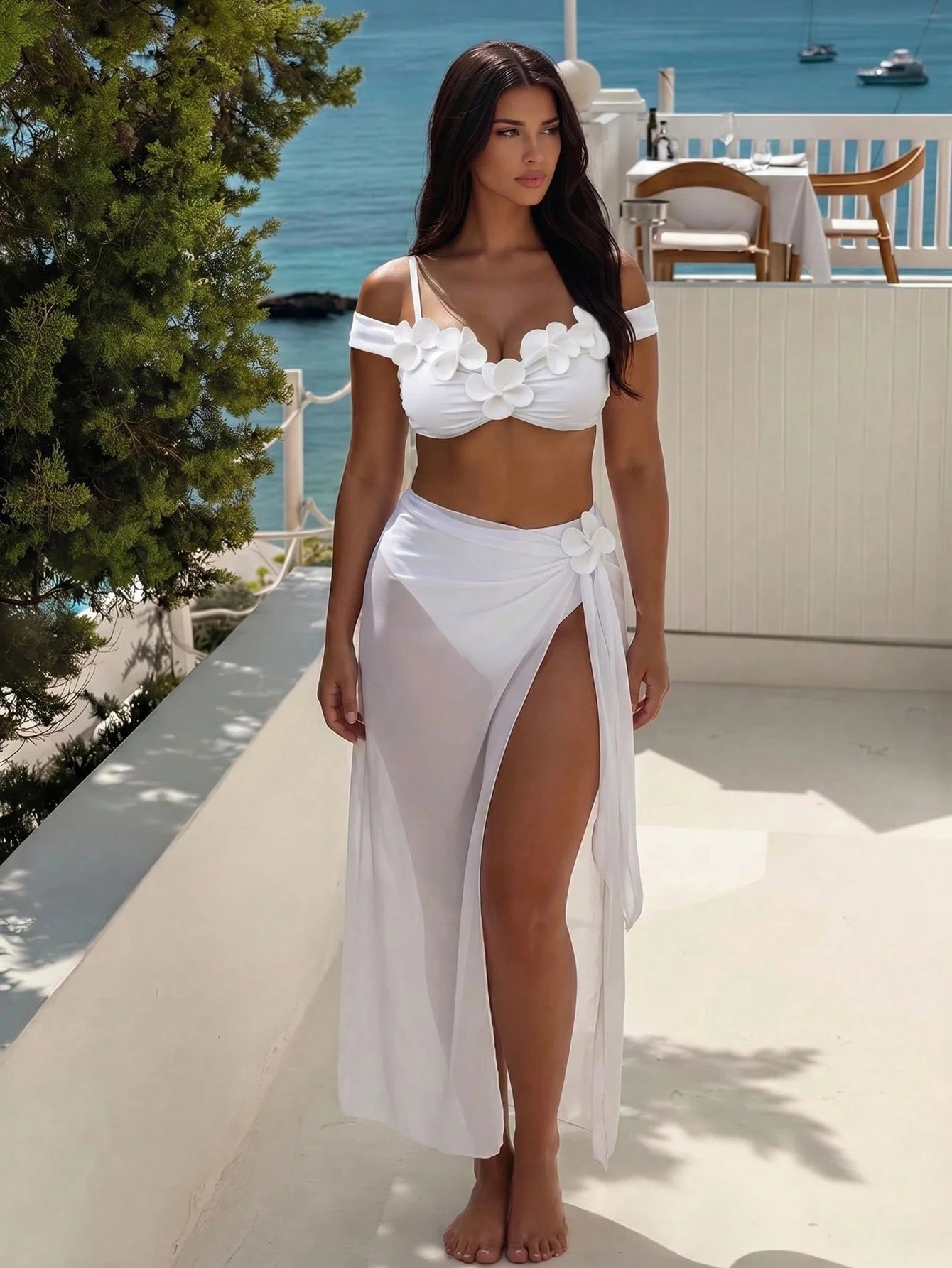 Swim Oasis 2026 Spring/Summer New Plus Size 3-Piece Bikini Set Set, White With Floral Decor, Straight Neckline, Thick Straps, Random Ruched Design, Cute And Elegant For Beach Vacation Wear