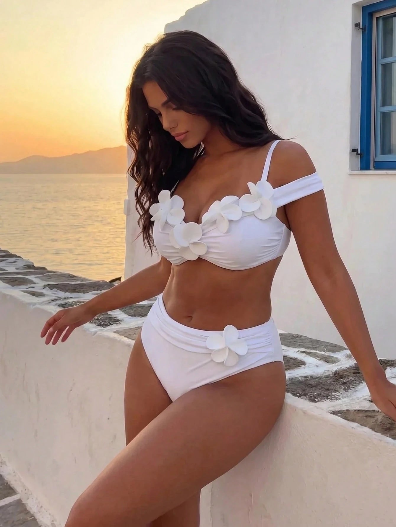 Swim Oasis 2026 Spring/Summer New Plus Size 3-Piece Bikini Set Set, White With Floral Decor, Straight Neckline, Thick Straps, Random Ruched Design, Cute And Elegant For Beach Vacation Wear