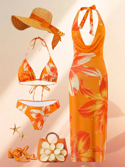 Swim Oasis 2026 Spring/Summer New Women's Plus Size Fashion Sexy Random Digital Print Two-Piece Swimsuit Set + One-Piece Dress Premium Beachwear Set