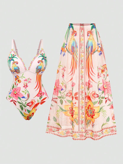 Swim Oasis 2026 Summer New Sexy Floral Print 2-Piece Swimsuit Set For Women, Includes Camisole And Sarong Skirt For Beach Vacation