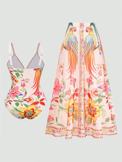 Swim Oasis 2026 Summer New Sexy Floral Print 2-Piece Swimsuit Set For Women, Includes Camisole And Sarong Skirt For Beach Vacation