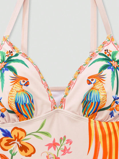 Swim Oasis 2026 Summer New Sexy Floral Print 2-Piece Swimsuit Set For Women, Includes Camisole And Sarong Skirt For Beach Vacation