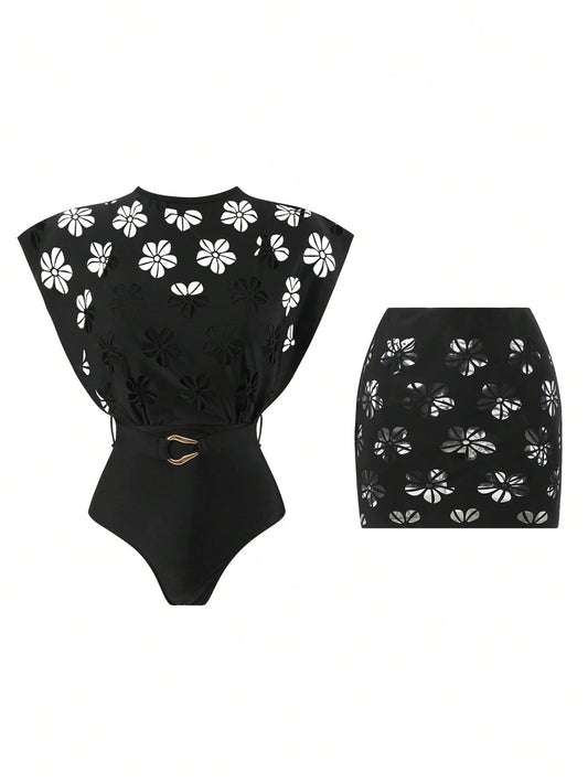 Swim Oasis Hollow Out Solid Color Round Neck Women's Belt Set Premium