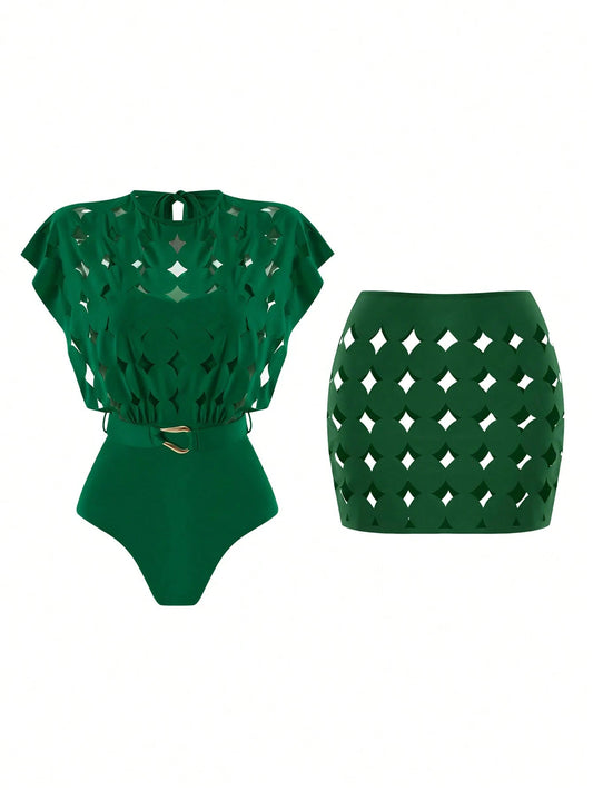 Swim Oasis Hollow-Out Solid Color Round Neck Women's Waist Belt Suit