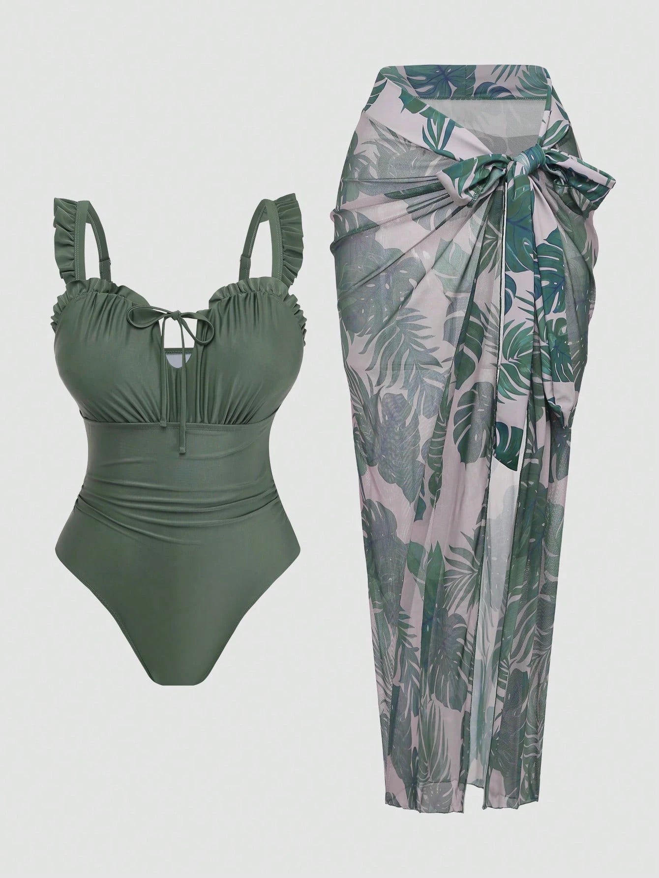 Swim Oasis Plus Size Women 2-Piece Solid Color Flounce & Floral Print Mesh Maxi Dress Casual Vacation Swimsuit