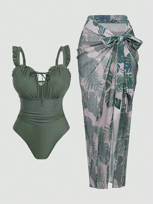Swim Oasis Plus Size Women 2-Piece Solid Color Flounce & Floral Print Mesh Maxi Dress Casual Vacation Swimsuit