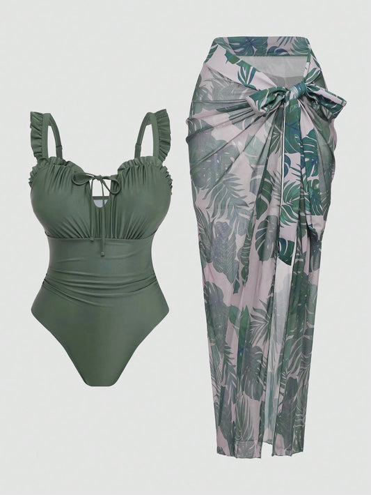 Swim Oasis Plus Size Women 2-Piece Solid Color Flounce & Floral Print Mesh Maxi Dress Casual Vacation Swimsuit