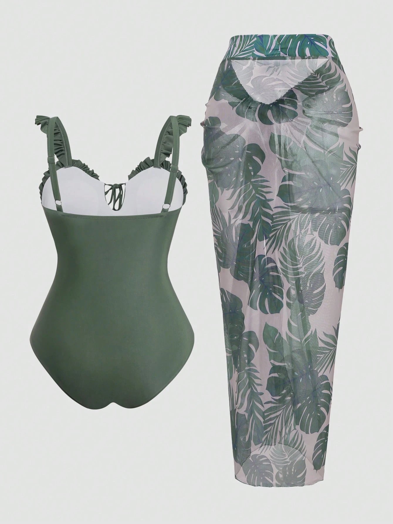 Swim Oasis Plus Size Women 2-Piece Solid Color Flounce & Floral Print Mesh Maxi Dress Casual Vacation Swimsuit