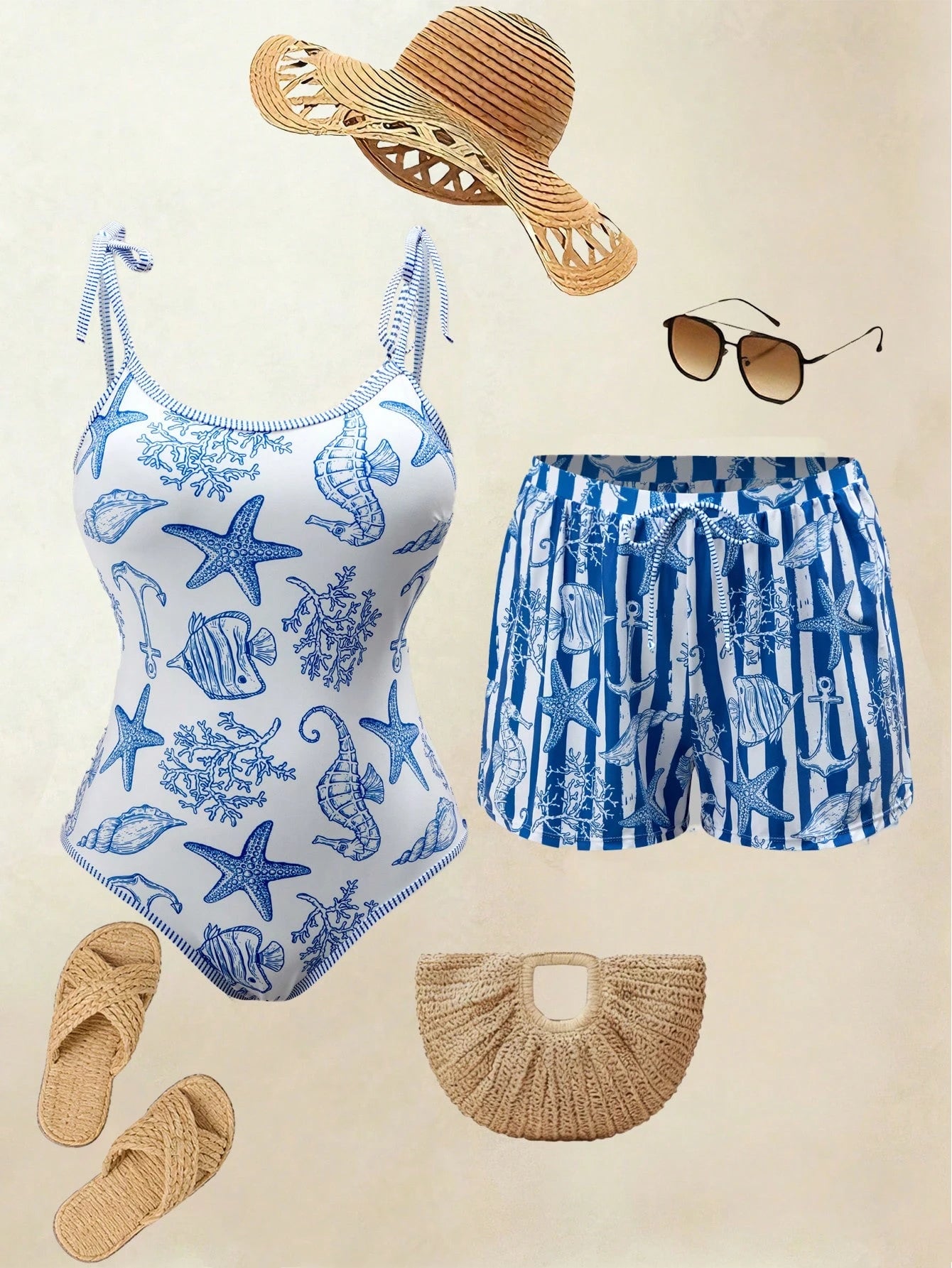 Swim Oasis Plus Size Women's Vacation Starfish Print One-Piece Swimsuit With Cover-Up Shorts Beach Vacation Blue And White Summer