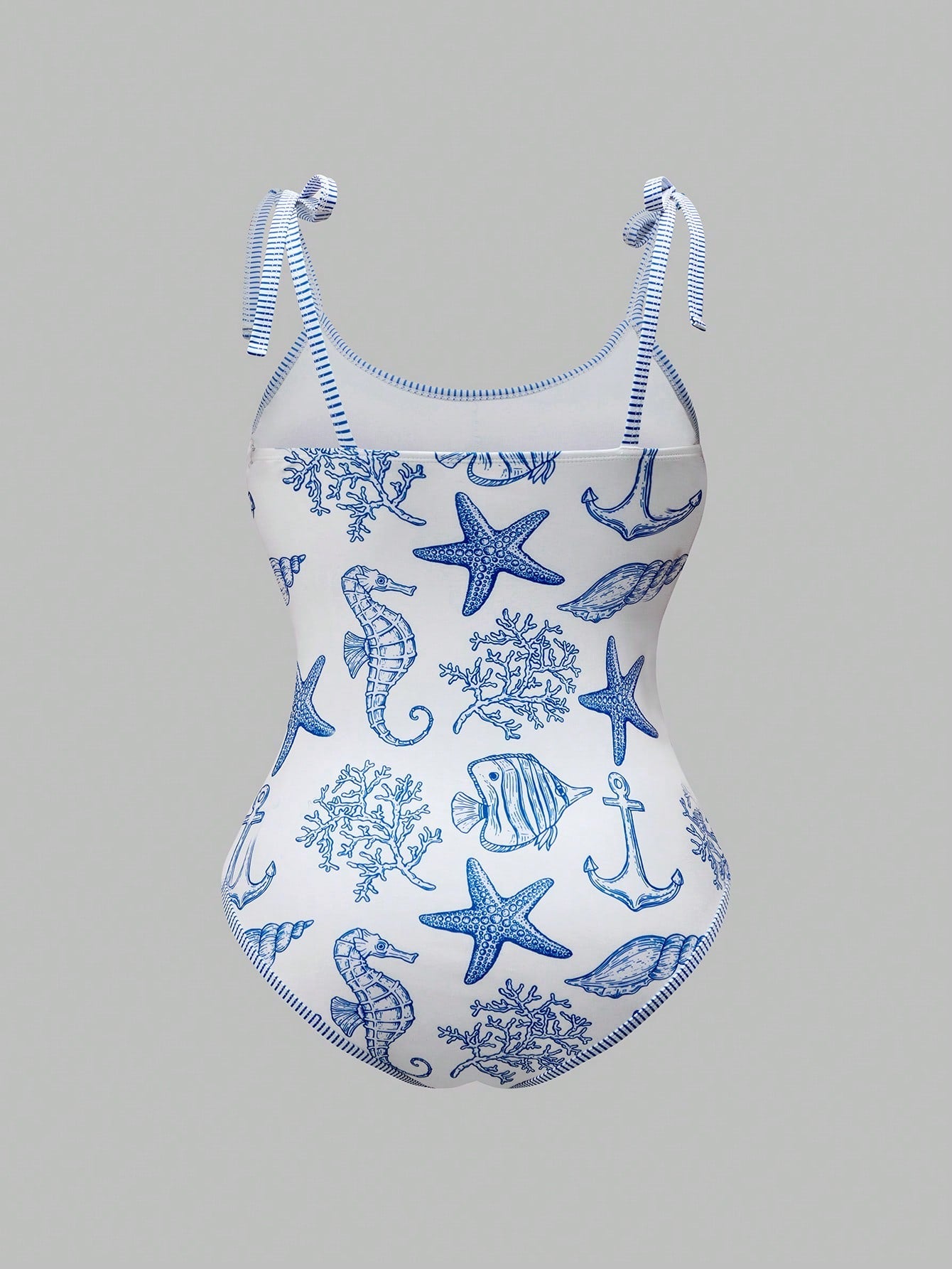 Swim Oasis Plus Size Women's Vacation Starfish Print One-Piece Swimsuit With Cover-Up Shorts Beach Vacation Blue And White Summer