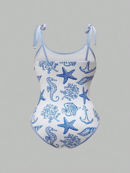 Swim Oasis Plus Size Women's Vacation Starfish Print One-Piece Swimsuit With Cover-Up Shorts Beach Vacation Blue And White Summer