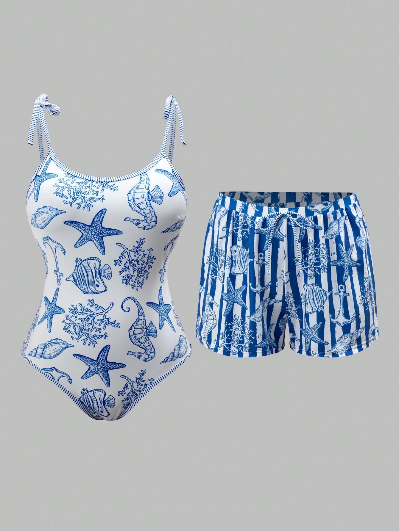 Swim Oasis Plus Size Women's Vacation Starfish Print One-Piece Swimsuit With Cover-Up Shorts Beach Vacation Blue And White Summer