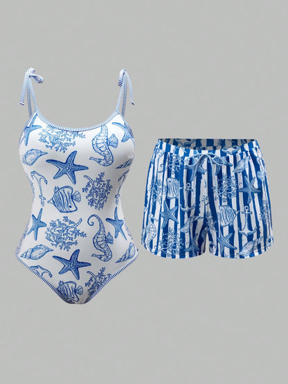 Swim Oasis Plus Size Women's Vacation Starfish Print One-Piece Swimsuit With Cover-Up Shorts Beach Vacation Blue And White Summer