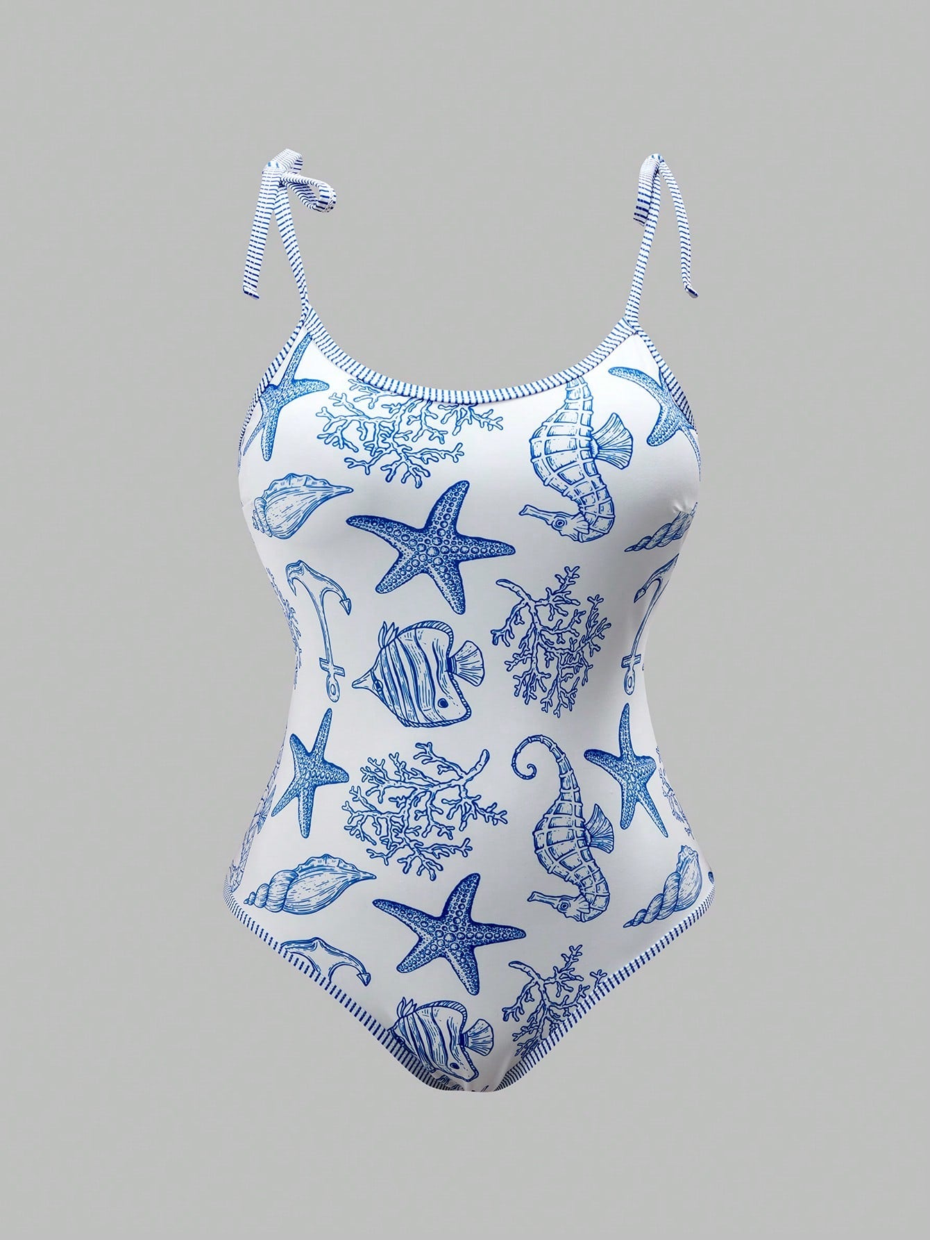 Swim Oasis Plus Size Women's Vacation Starfish Print One-Piece Swimsuit With Cover-Up Shorts Beach Vacation Blue And White Summer