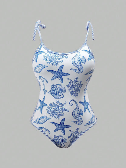 Swim Oasis Plus Size Women's Vacation Starfish Print One-Piece Swimsuit With Cover-Up Shorts Beach Vacation Blue And White Summer