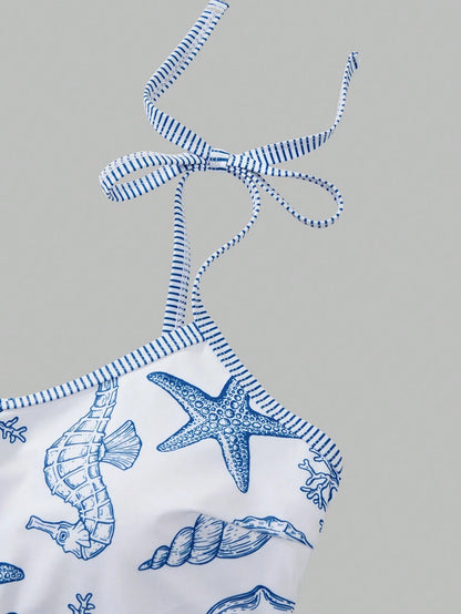 Swim Oasis Plus Size Women's Vacation Starfish Print One-Piece Swimsuit With Cover-Up Shorts Beach Vacation Blue And White Summer