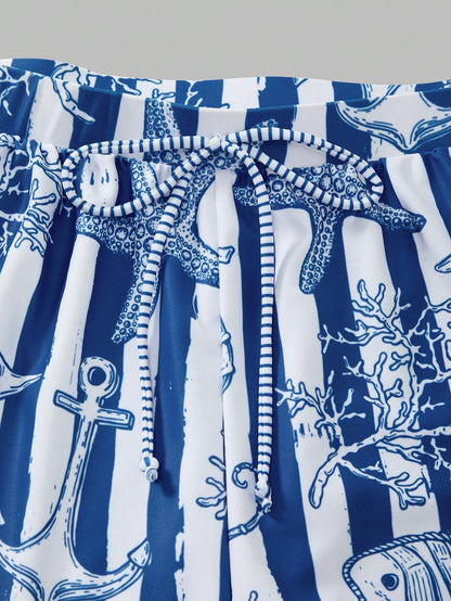 Swim Oasis Plus Size Women's Vacation Starfish Print One-Piece Swimsuit With Cover-Up Shorts Beach Vacation Blue And White Summer