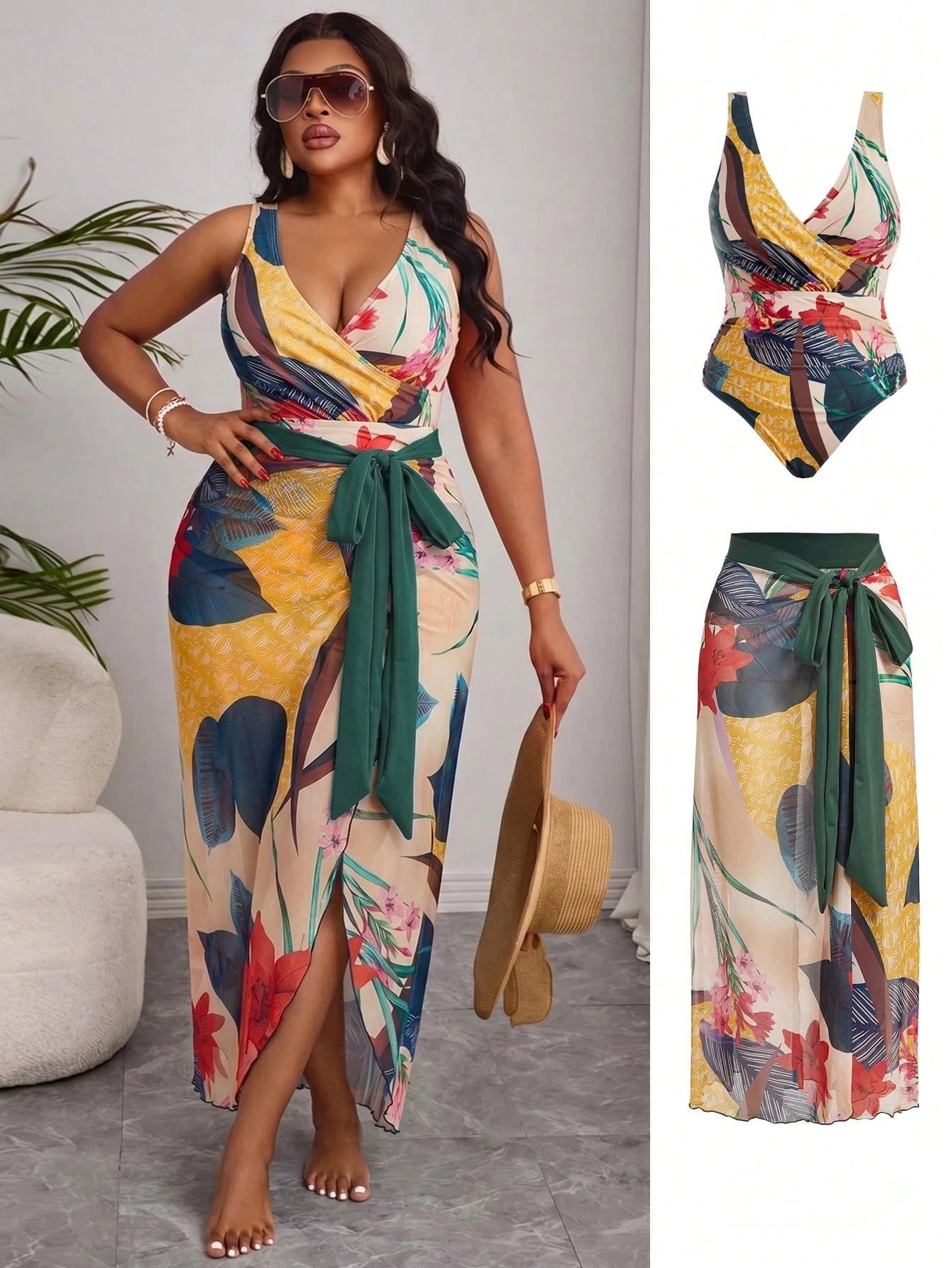 Swim Oasis Summer Beach Plus Size Floral Print V Neck One-Piece Swimsuit With Cover-Up Skirt